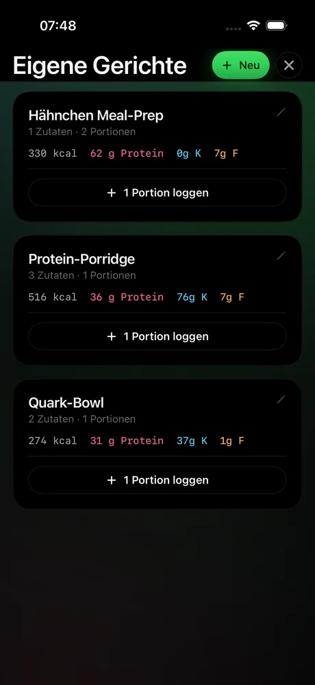 Clear Eigene Gerichte: gespeicherte Meal-Preps